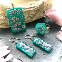 Image 1 of Cherry Blossom Turquoise Resin Jewellery Collection - Pendant, Earrings & Ring Set