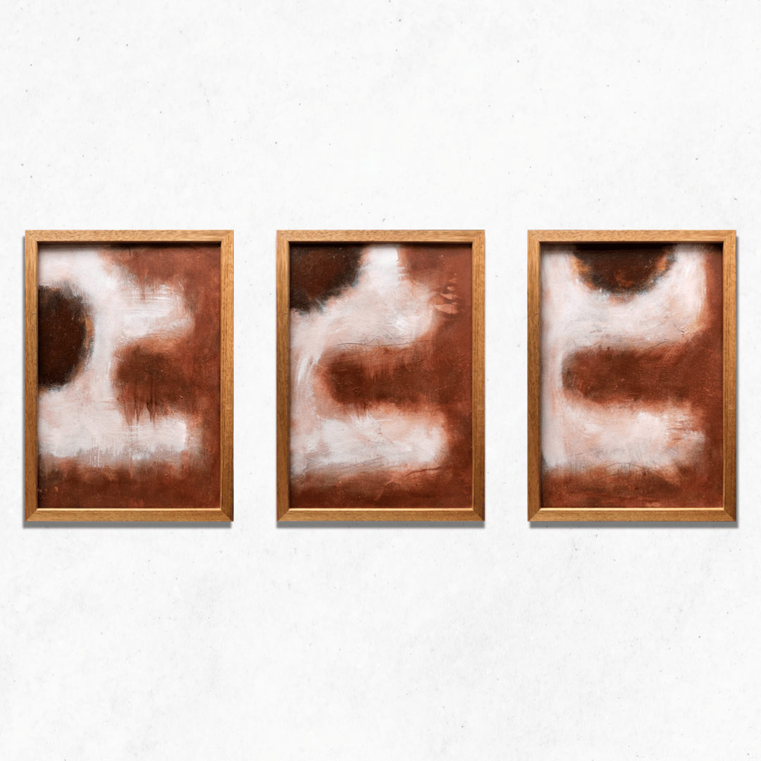Oil on paper deep red triptych 3 x A3 with oak frames