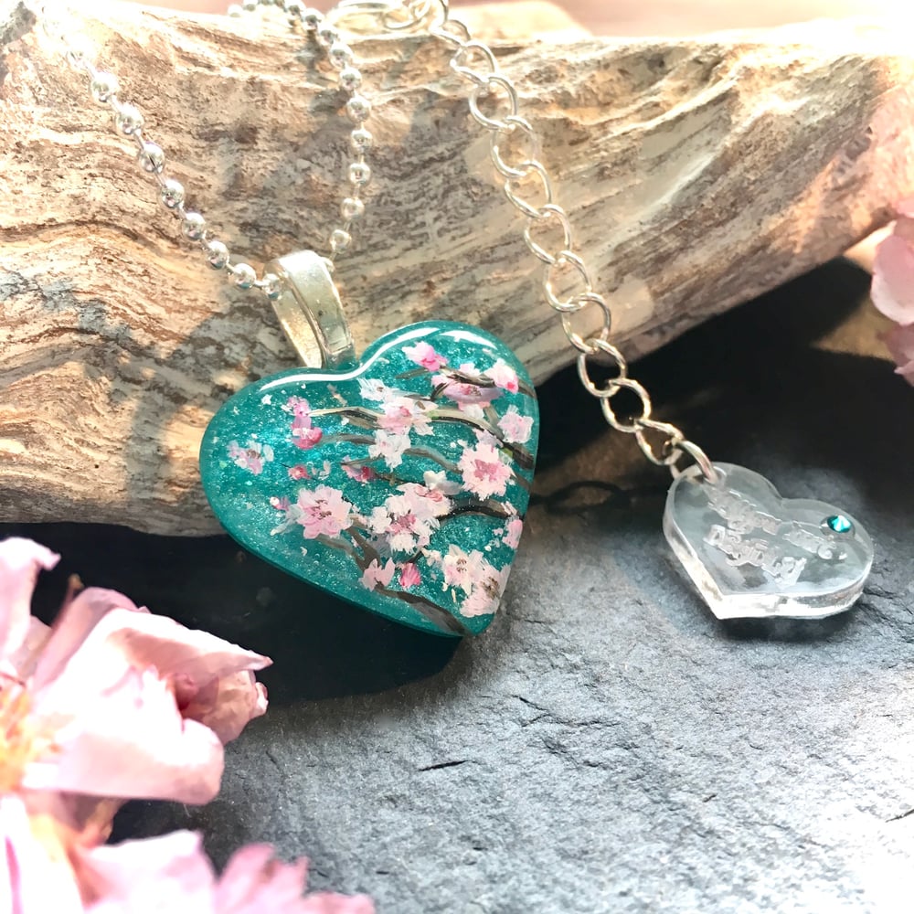 Cherry Blossom Turquoise Resin Heart Jewellery Collection - Pendant, Earrings & Ring Set