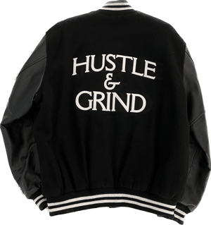 Image of Hustle & Grind Letterman genuine leather and premium wool Black w/white letters