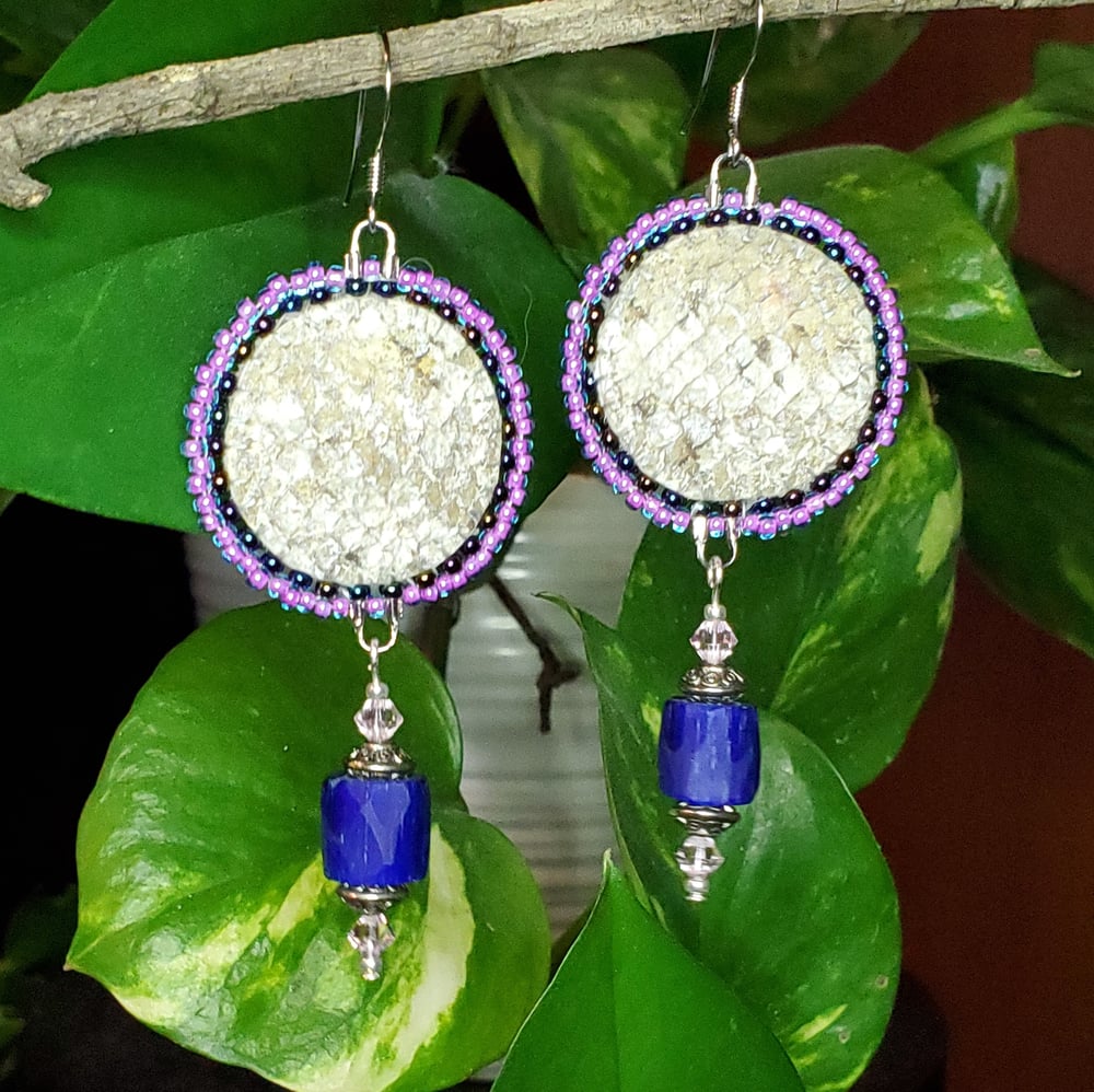 Image of Beaded Salmon Skin & Russian Blue Earrings 