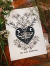 Heart of flowers moon moth dot work print, Vintage style tattoo inspired, witchy gifts.