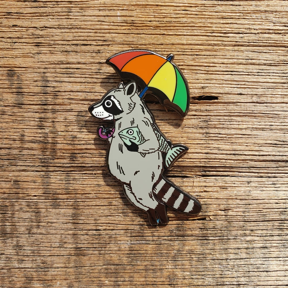 Raccoon with Umbrella Enamel Pin Rainbow Edition
