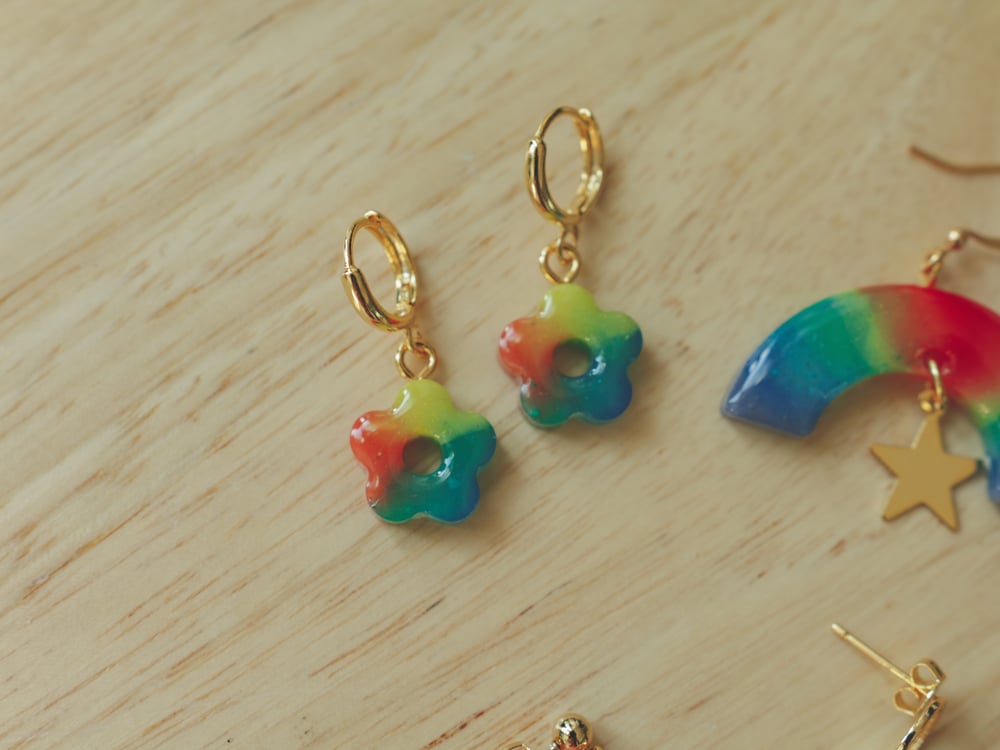 Image of Rainbow Flower Huggie Hoop Earring