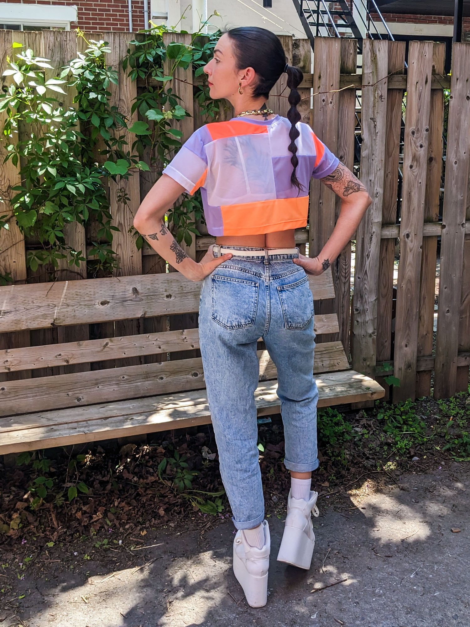 Image of OAK Lavender and Neon Orange Patchwork Up-cycle Boxy Crop Tee