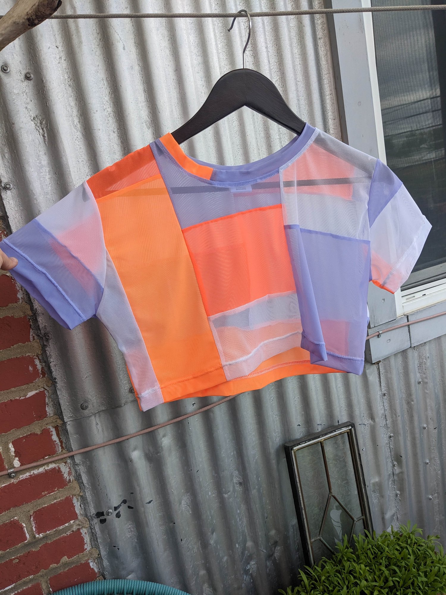 Image of OAK Lavender and Neon Orange Patchwork Up-cycle Boxy Crop Tee