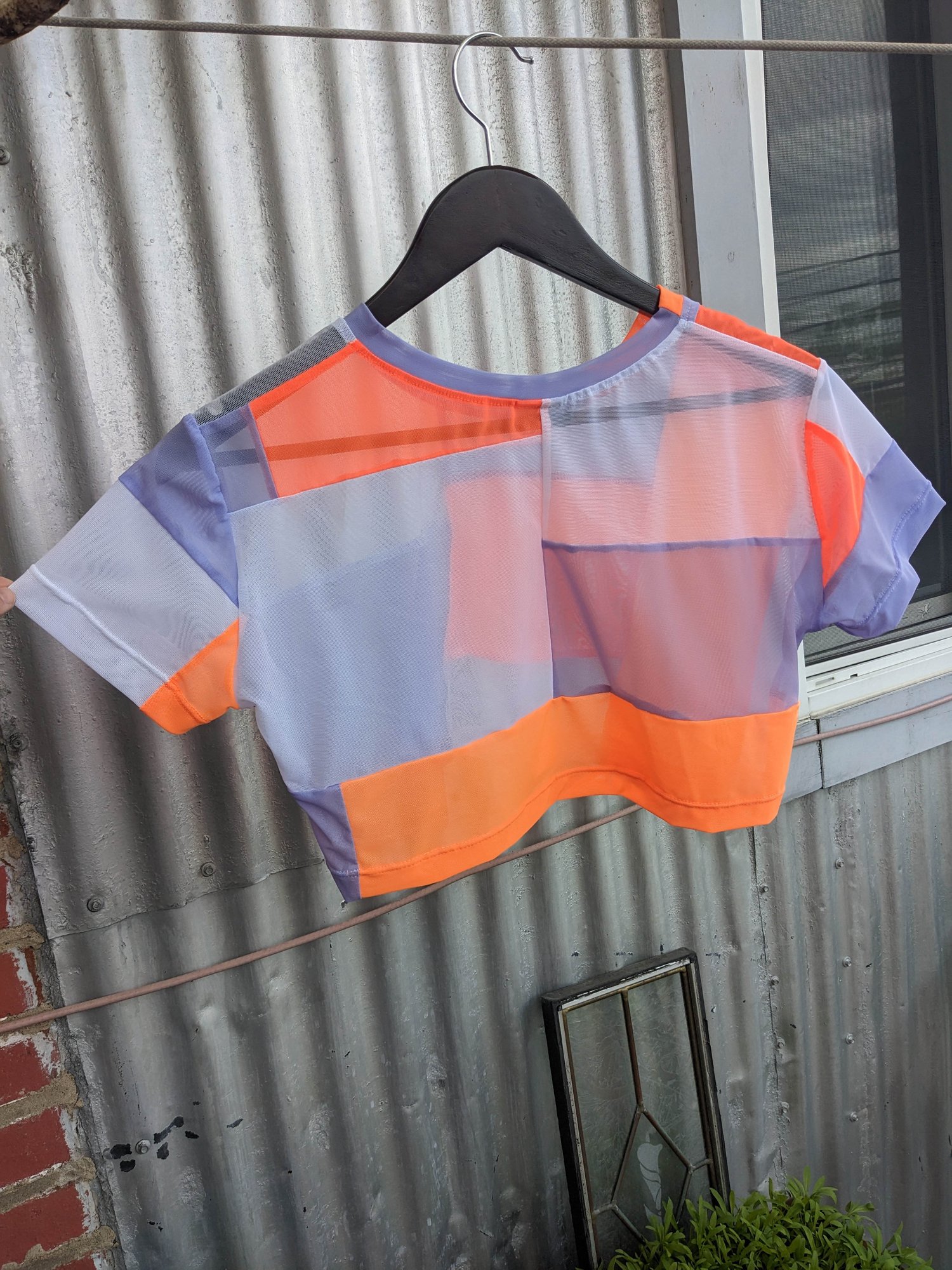 Image of OAK Lavender and Neon Orange Patchwork Up-cycle Boxy Crop Tee