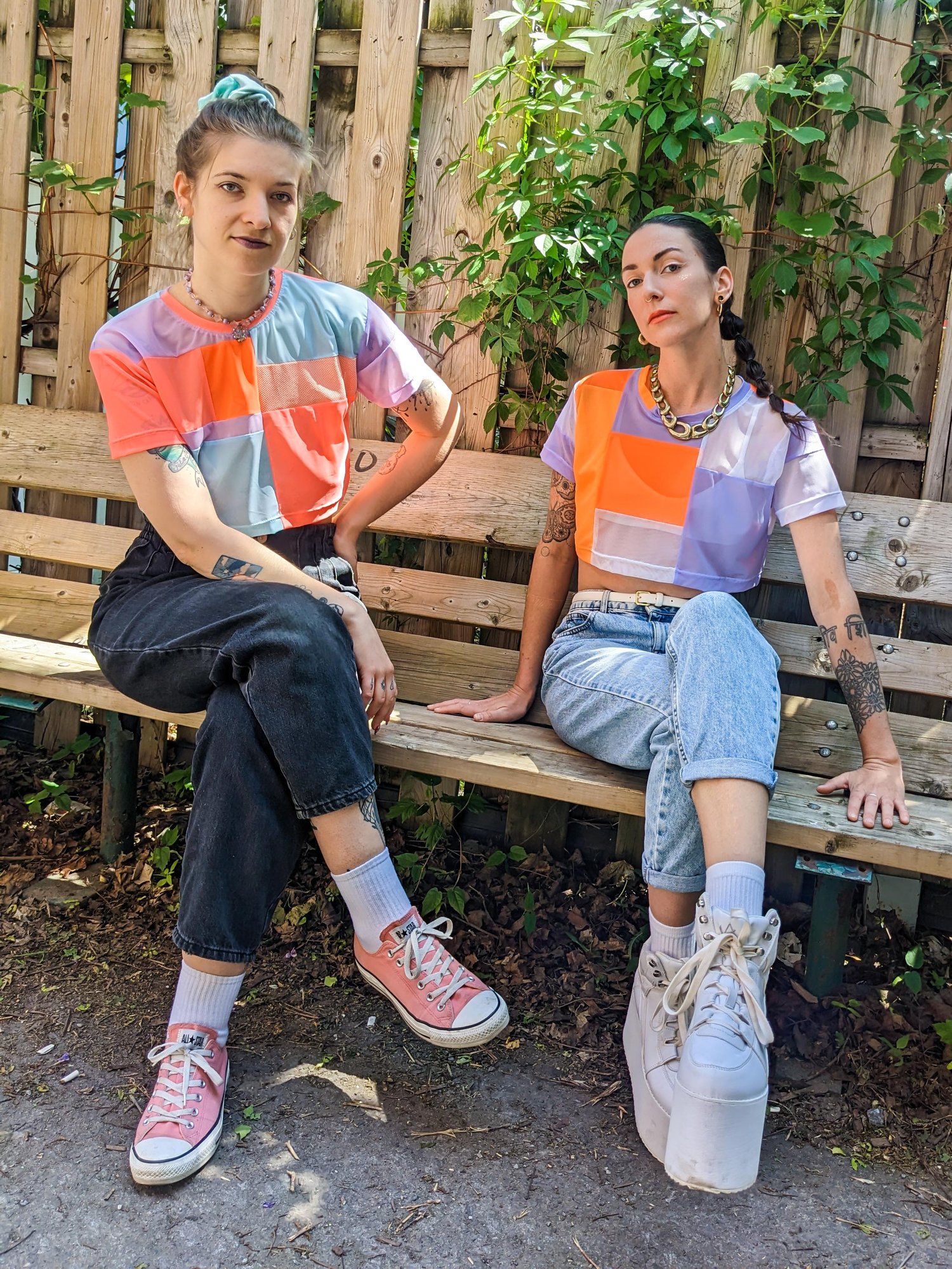 Image of OAK Lavender and Neon Orange Patchwork Up-cycle Boxy Crop Tee