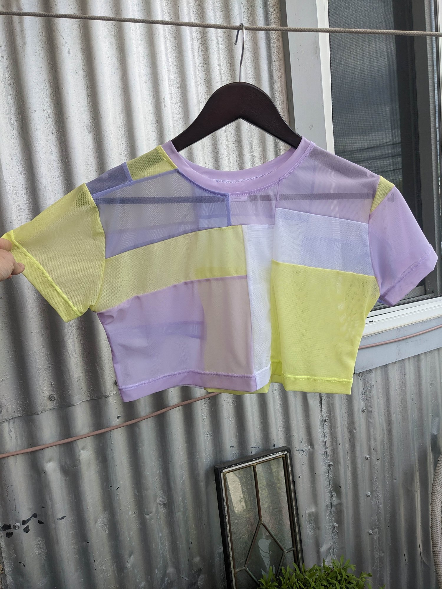 Image of OAK Lavender and Neon Yellow Patchwork Up-cycle Boxy Crop Tee
