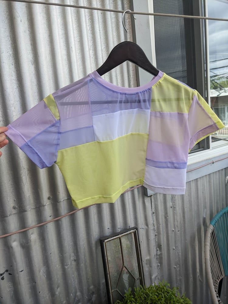 Image of OAK Lavender and Neon Yellow Patchwork Up-cycle Boxy Crop Tee