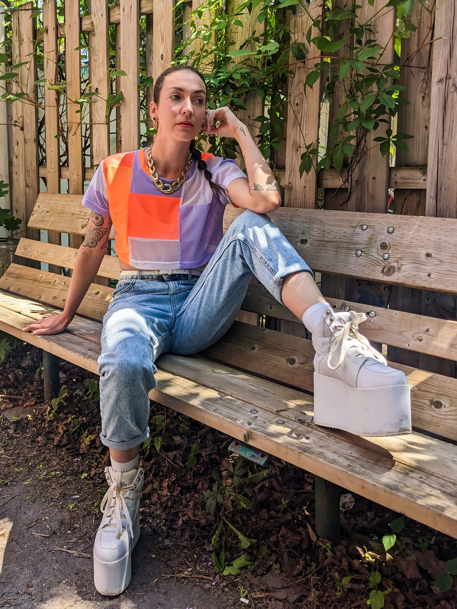 Image of OAK Lavender and Neon Yellow Patchwork Up-cycle Boxy Crop Tee