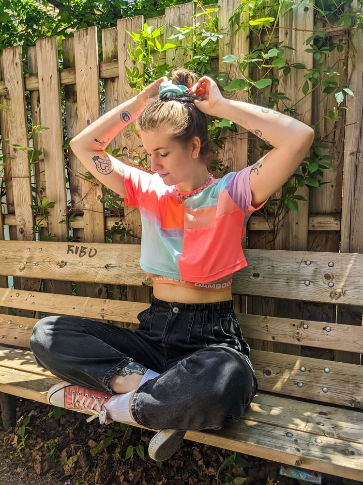 Image of OAK Sorbet Patchwork Up-cycle Boxy Crop Tee