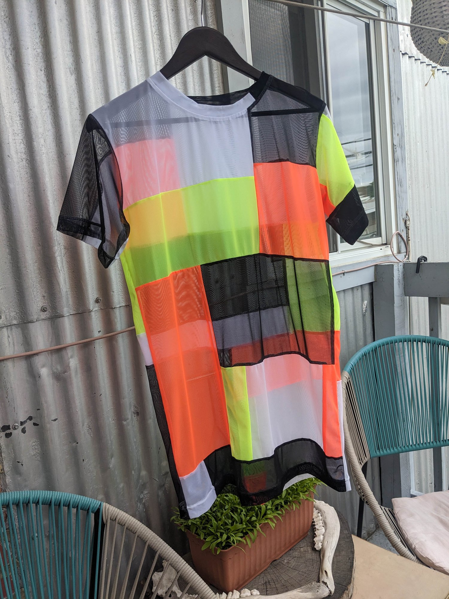 Image of OAK Lavender and Neon Yellow Patchwork Up-cycle Oversized Tee