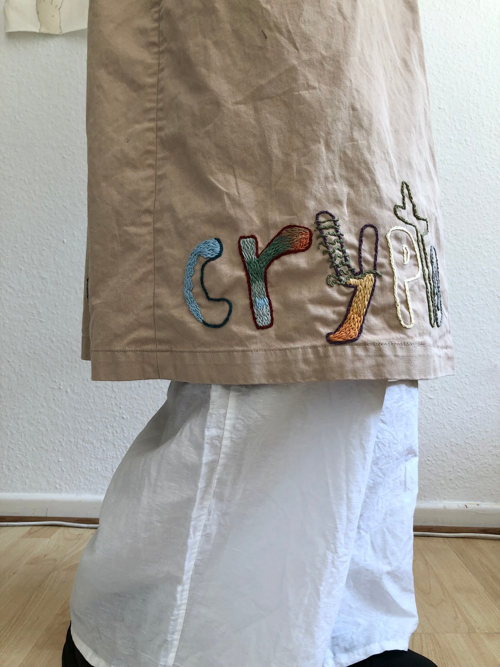 Image of Not bought with crypto - one of a kind hand embroidered trench coat, upcycled, size 36/38