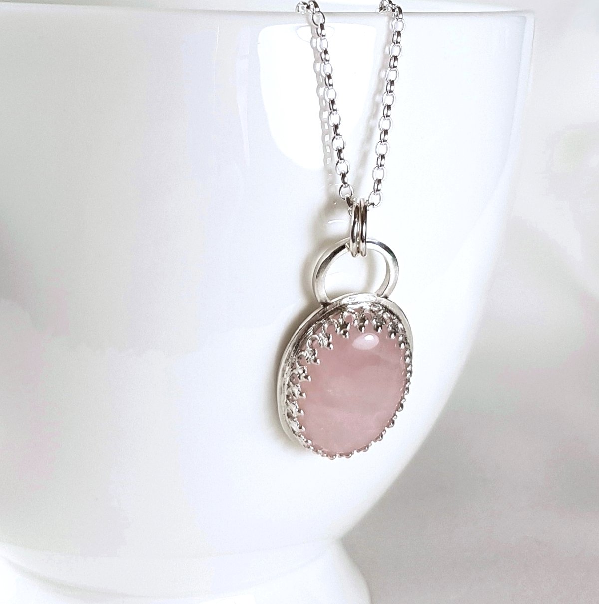 Image of Sterling Silver Rose Quartz Pendant Necklace, Handmade Sustainable Jewellery UK