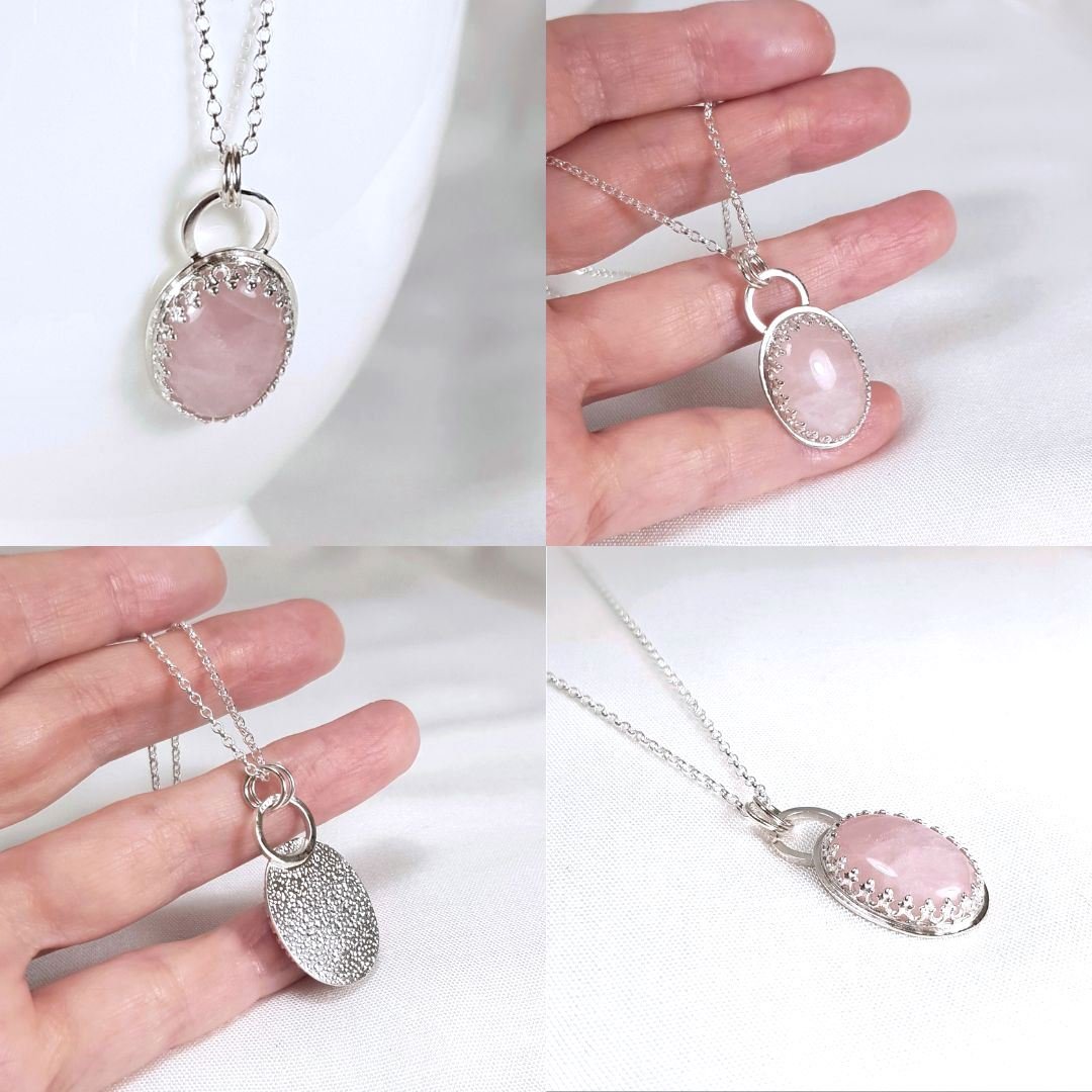Image of Sterling Silver Rose Quartz Pendant Necklace, Handmade Sustainable Jewellery UK