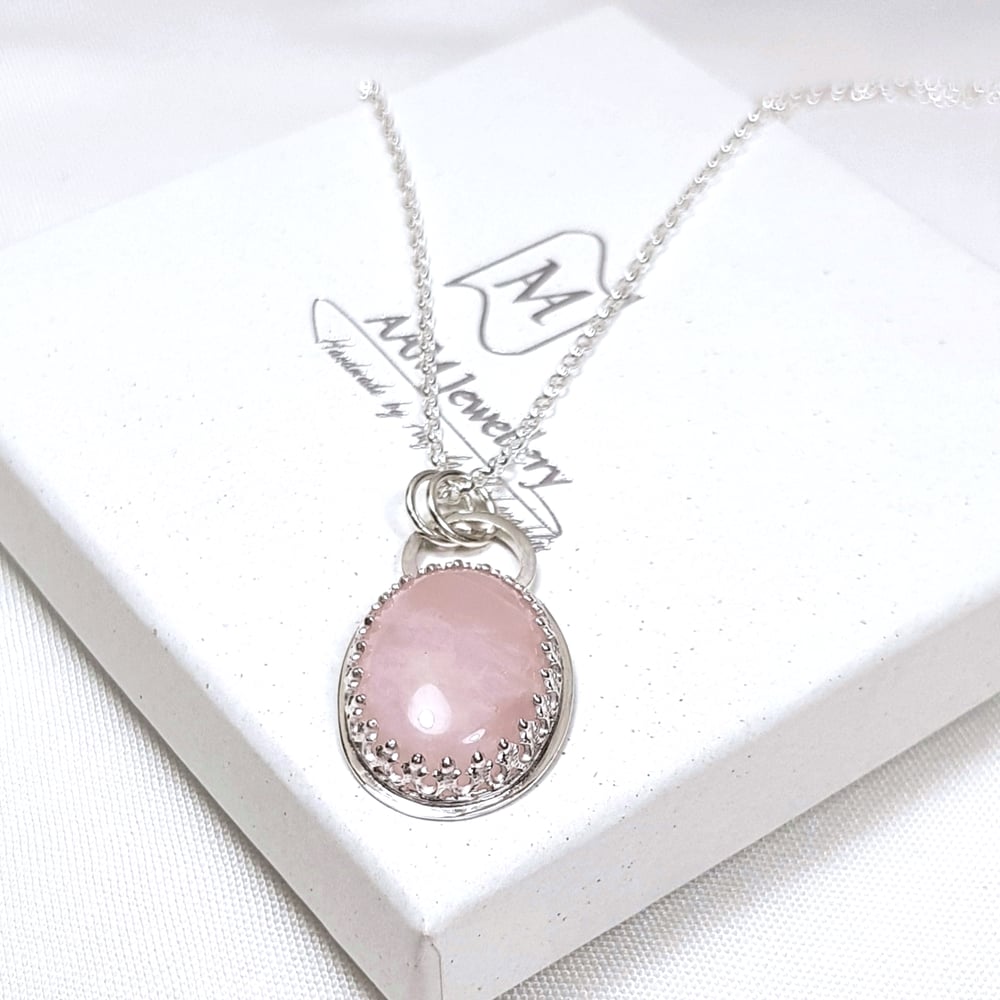 Image of Sterling Silver Rose Quartz Pendant Necklace, Handmade Sustainable Jewellery UK