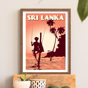 Image of Vintage Poster Sri Lanka - Fisherman on Stilt - Coral - Fine Art Print