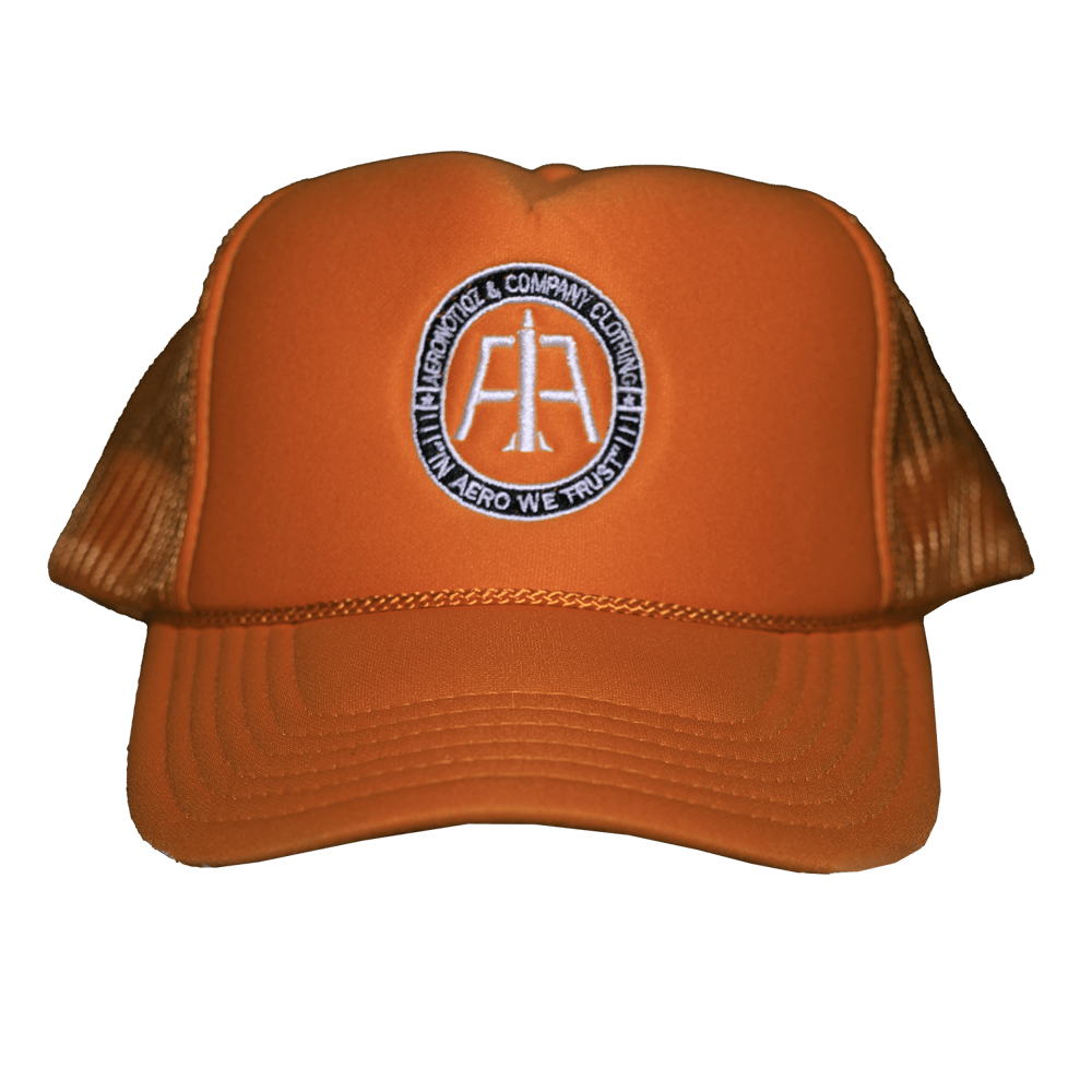 Orange Aero Logo Mesh Trucker Hat | AERONOTIQZ &COMPANY CLOTHING