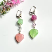 Image 1 of Heart Earrings, Light Green and Pink, Asymmetrical