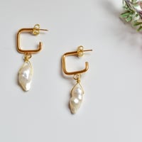 Image 1 of Baroque Pearl Gold Post Square Hoop Earrings