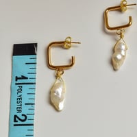 Image 3 of Baroque Pearl Gold Post Square Hoop Earrings