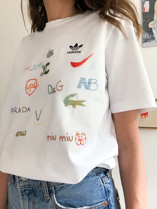 Image of ‘I don’t like logos’ - hand embroidered one of a kind t-shirt, upcycled