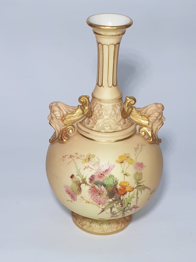 Image of Royal Worcester Vase with gaping mask handles #1