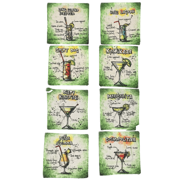Coasters - Linen, Two Sided, Set of Four - Cocktail Recipes 