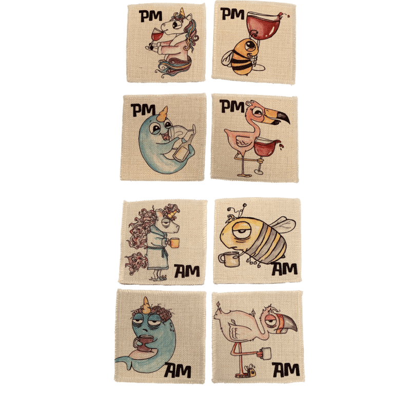 Coasters, Linen, Two Sided, Set of Four - AM & PM Drinks