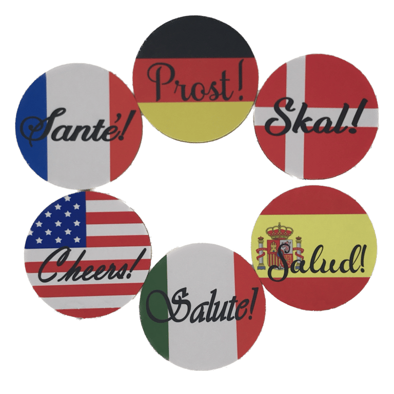 Coasters, Rubber Backed, Round - Cheers in Six Languages