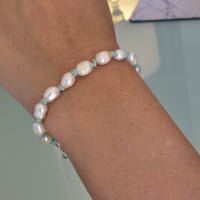 Image 1 of Freshwater Pearl and Mint Leather Knotted Bracelet