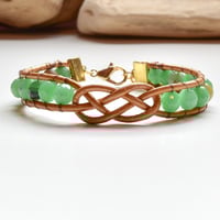 Image 1 of Celtic Knot Leather Bracelet, with Green Faceted Gemstones