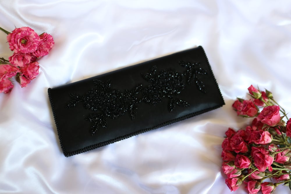Image of Vintage Black Beaded Floral Clutch 