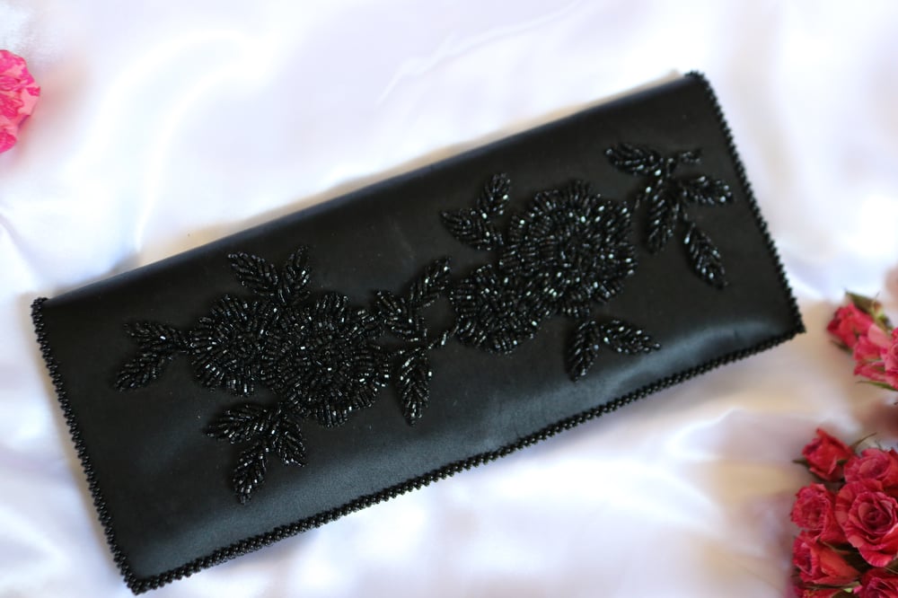 Image of Vintage Black Beaded Floral Clutch 