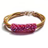 Image 2 of Beaded Peyote Tube Bracelet with Layered Leather Band in Various Colors