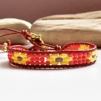 Image 1 of  Leather Wrap Bracelet with Beaded Flowers, Various Colors