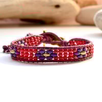 Image 2 of  Leather Wrap Bracelet with Beaded Flowers, Various Colors