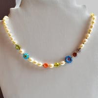 Image 1 of Pearl and Multi-Color Flower Necklace