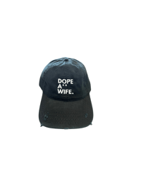 Black distressed Dad Hat (white print)