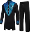 Mens African 2 Piece Set Metallic Traditional Suit Floral Printed Mens African Dashiki Shirt and Pan