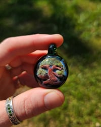 Image 2 of Bonsai tree pendant backed in green galaxy with tropical green bale.