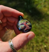 Image 3 of Bonsai tree pendant backed in green galaxy with tropical green bale.