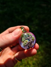 Image 3 of Bonsai tree pendant backed in pink slyme with opal lime bale.