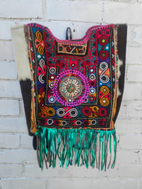 Image 1 of Amaze Balls Back Pack white n brown fur turquoise fringes