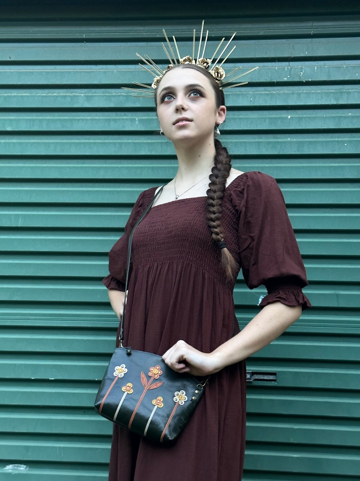 Image of Leather Curved Dance Bag - Retro Buds Green