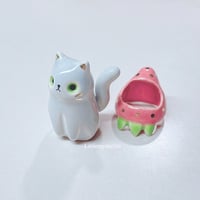 Image 3 of Gray Cat With Strawberry Hat Ceramic Figurine 1