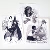Witches & Familiars - Crane, Lion & Hummingbird - Original Ink Paintings