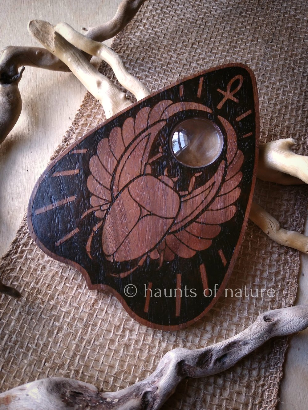 Wood Burned Ouija Planchette: Scarab on Black Walnut