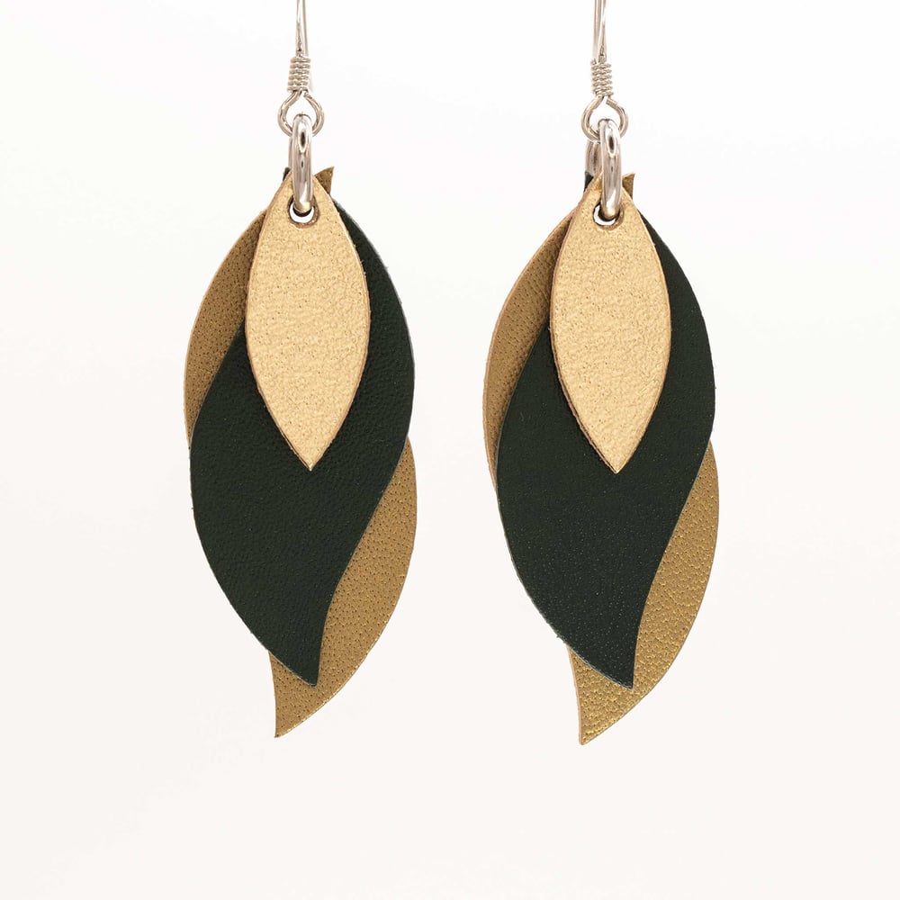Image of Handmade Australian leather leaf earrings - Golds and black [LGB-173]